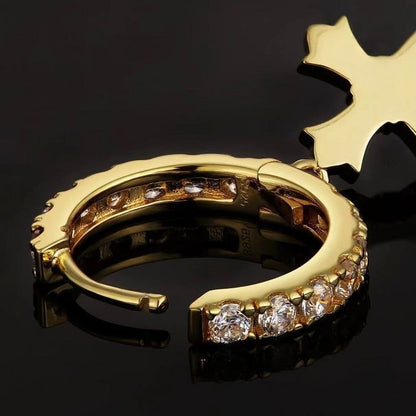 Gold Hoop Earrings - Iced Gothic Cross Drop