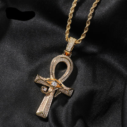 Gold Cross Pendant - Iced Eye of Horus Ankh