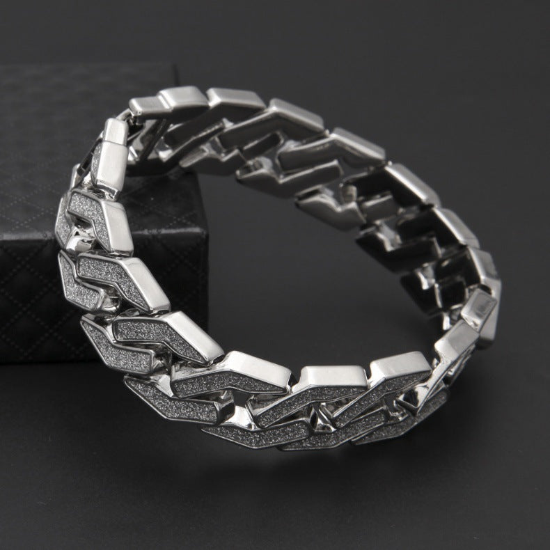 16MM White Gold Cuban Link Bracelet - Silver Glitter Chevron Links