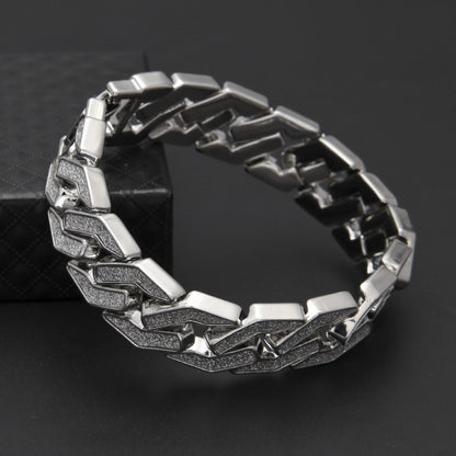 16MM White Gold Cuban Link Bracelet - Silver Glitter Chevron Links