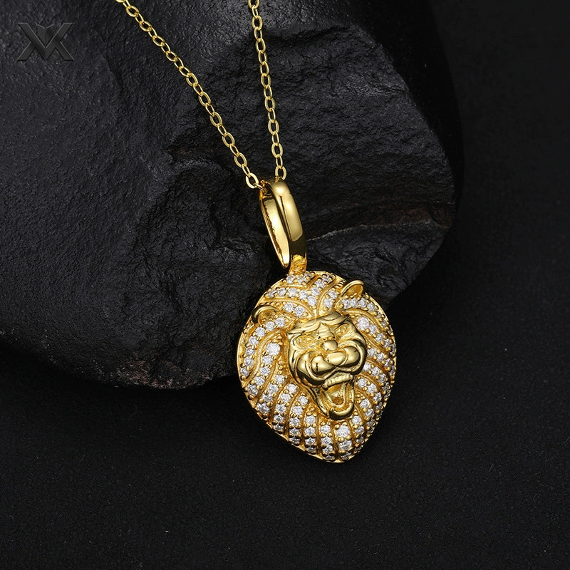 S925 Moissanite Solid Lion Head Pendant - Ice Grind