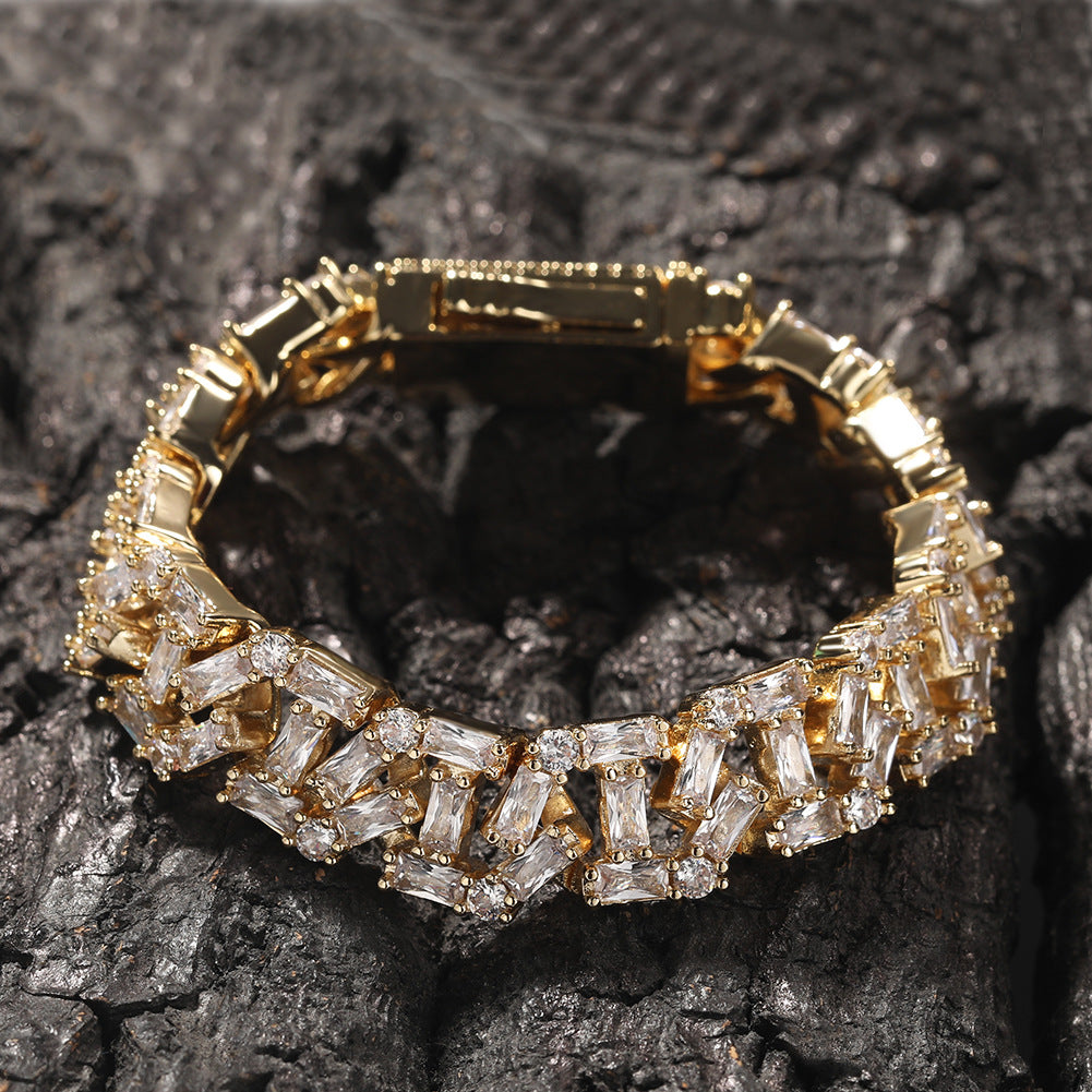 13MM Gold Cuban Link Bracelet - Baguette Cluster Links