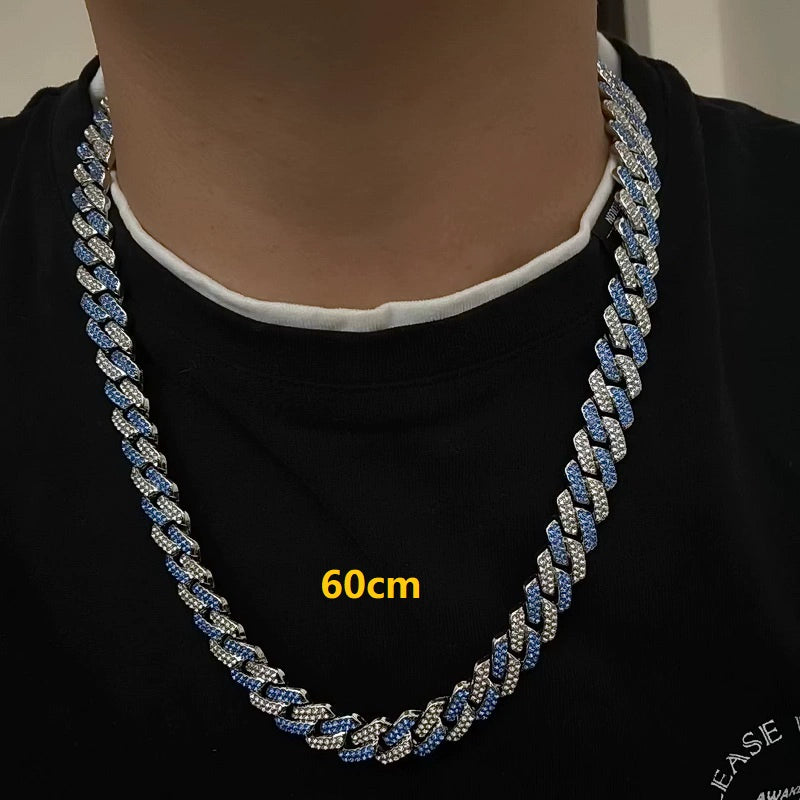 13MM white gold Cuban link chain worn around the neck for fit and style with 60cm text visible