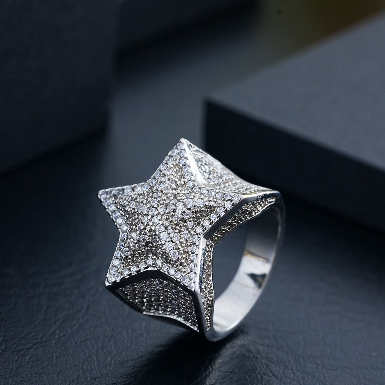 White Gold Star Ring - Raised Double-Layer Iced Star