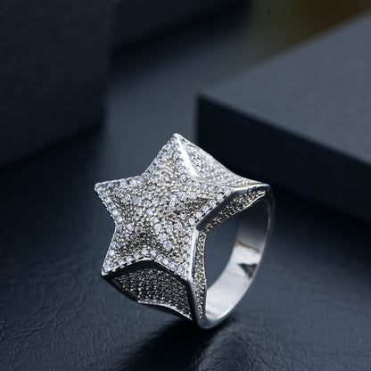 White Gold Star Ring - Raised Double-Layer Iced Star
