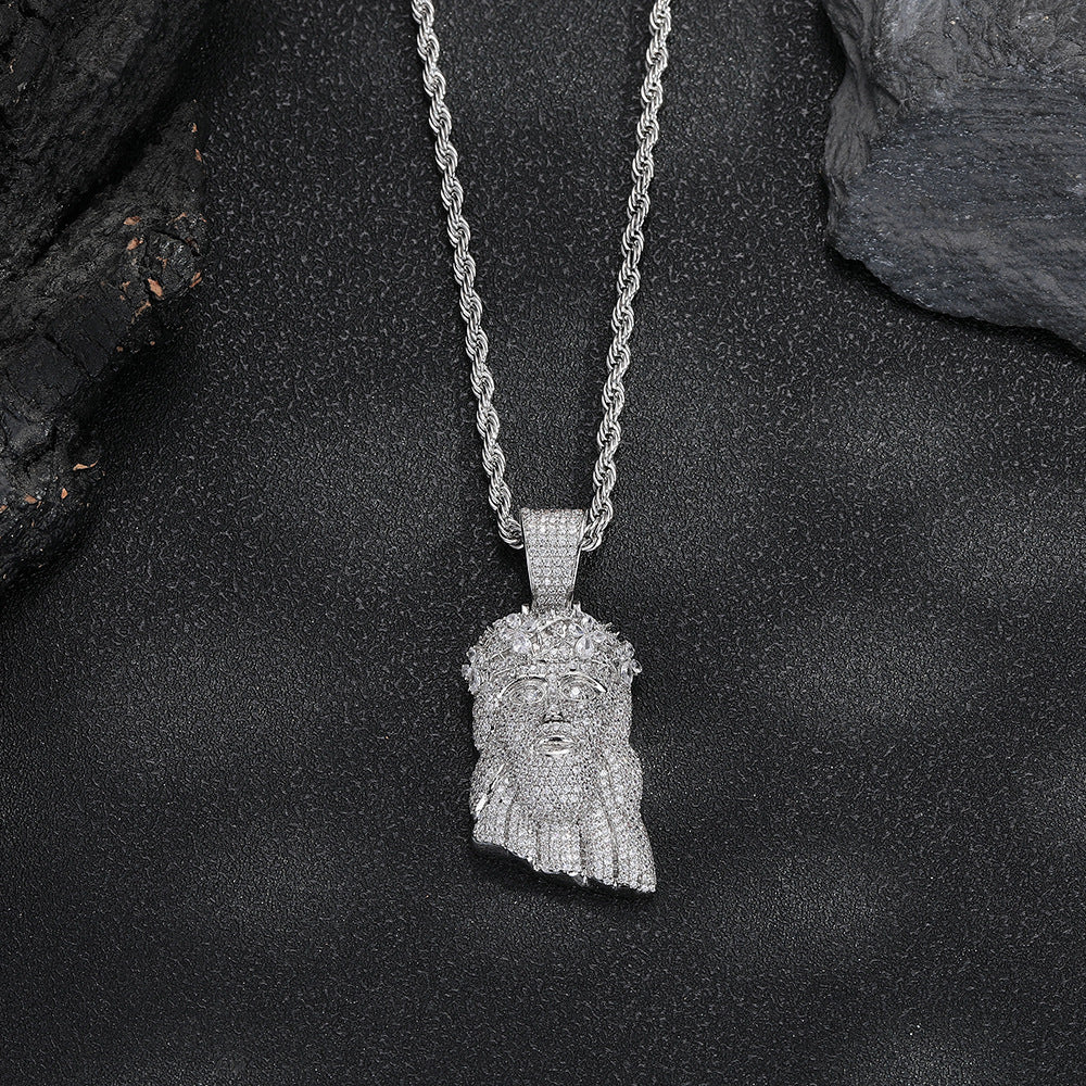 White Gold Jesus Pendant - Mini Crowned Jesus Head