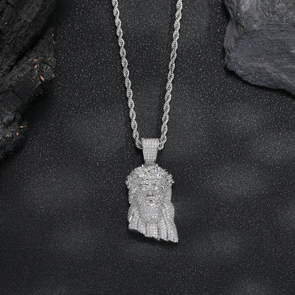 White Gold Jesus Pendant - Mini Crowned Jesus Head
