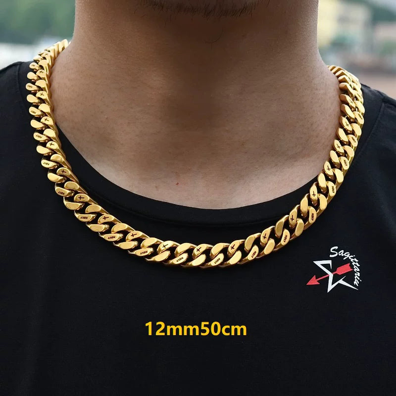12MM Gold Miami Cuban Link Chain - Holy & Cross Engraved Links
