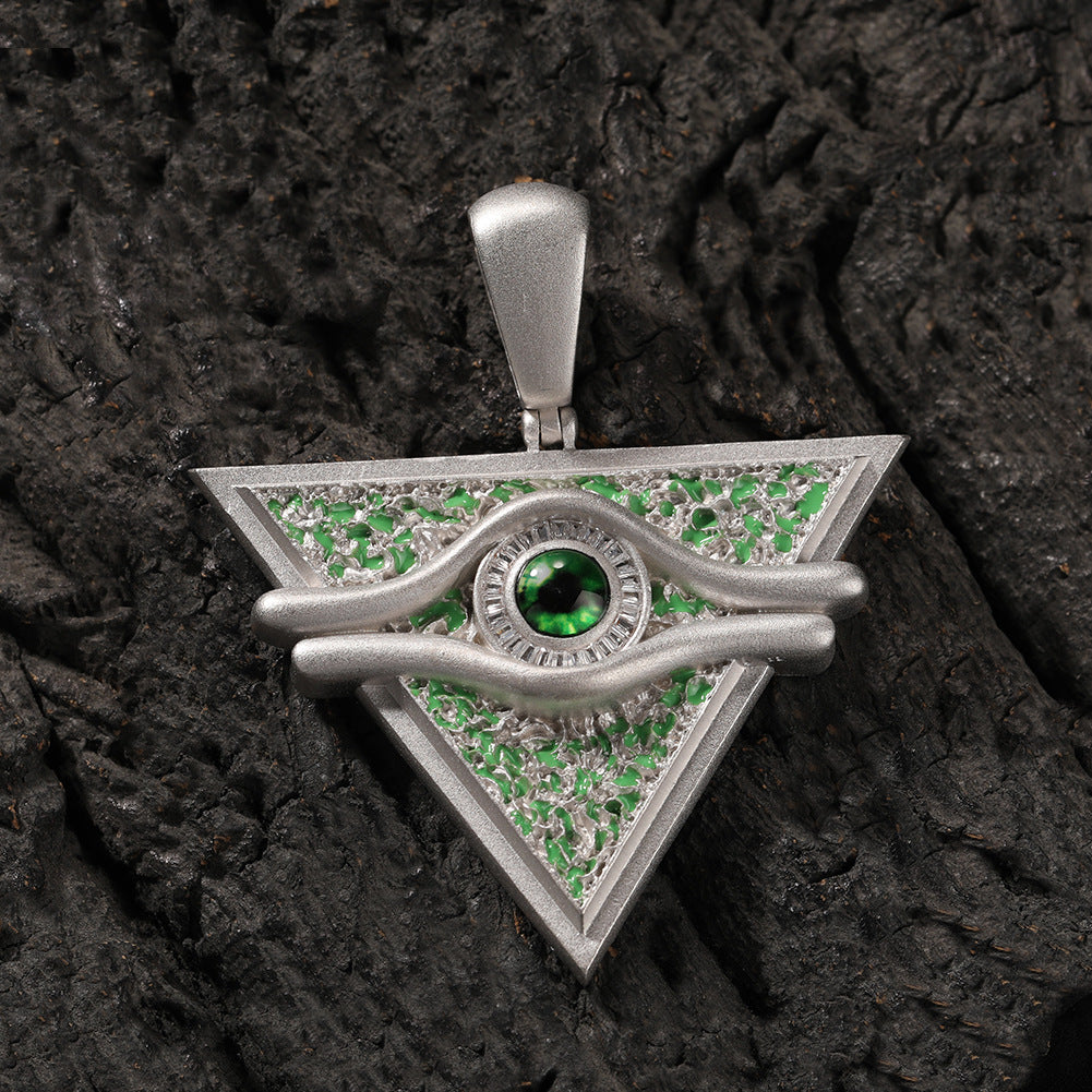 White Gold Evil Eye Pendant - Green Triangle Shield