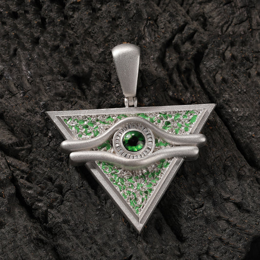 White Gold Evil Eye Pendant - Green Triangle Shield