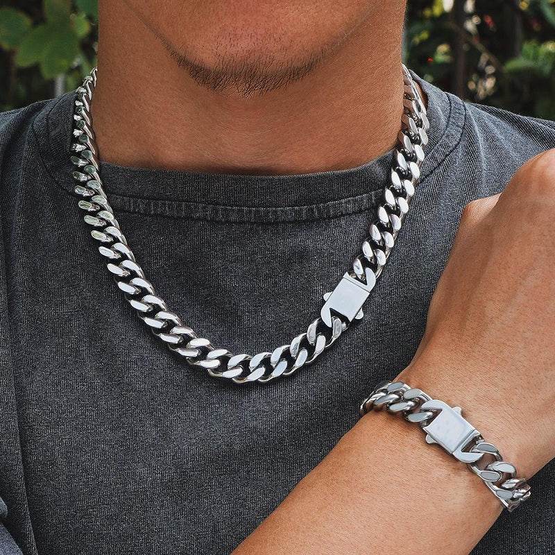 8MM white gold Miami Cuban link chain worn around the neck