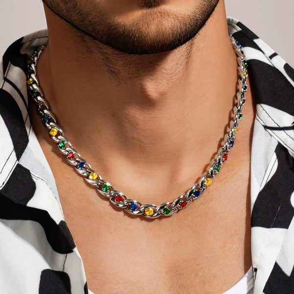 10MM White Gold Cuban Link Chain - Multi-Color Stone Design