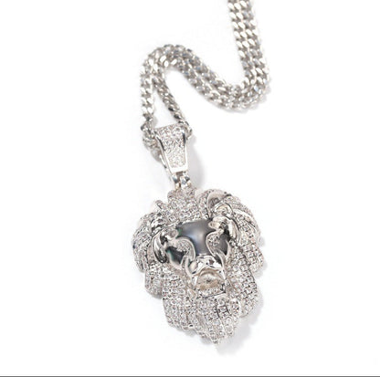 White Gold Lion Pendant - Iced Mane Sculpted Face