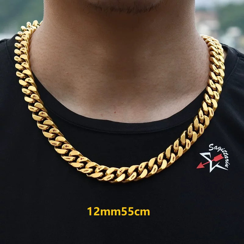 12MM Gold Miami Cuban Link Chain - Holy & Cross Engraved Links
