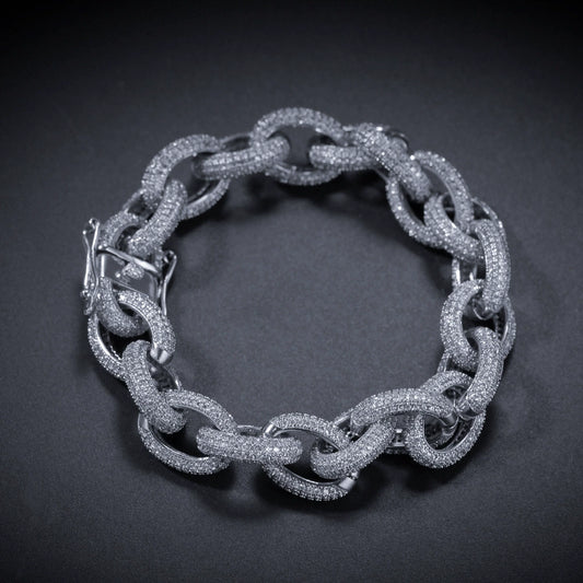 13MM White Gold Link Bracelet - Iced Rounded Cable Links