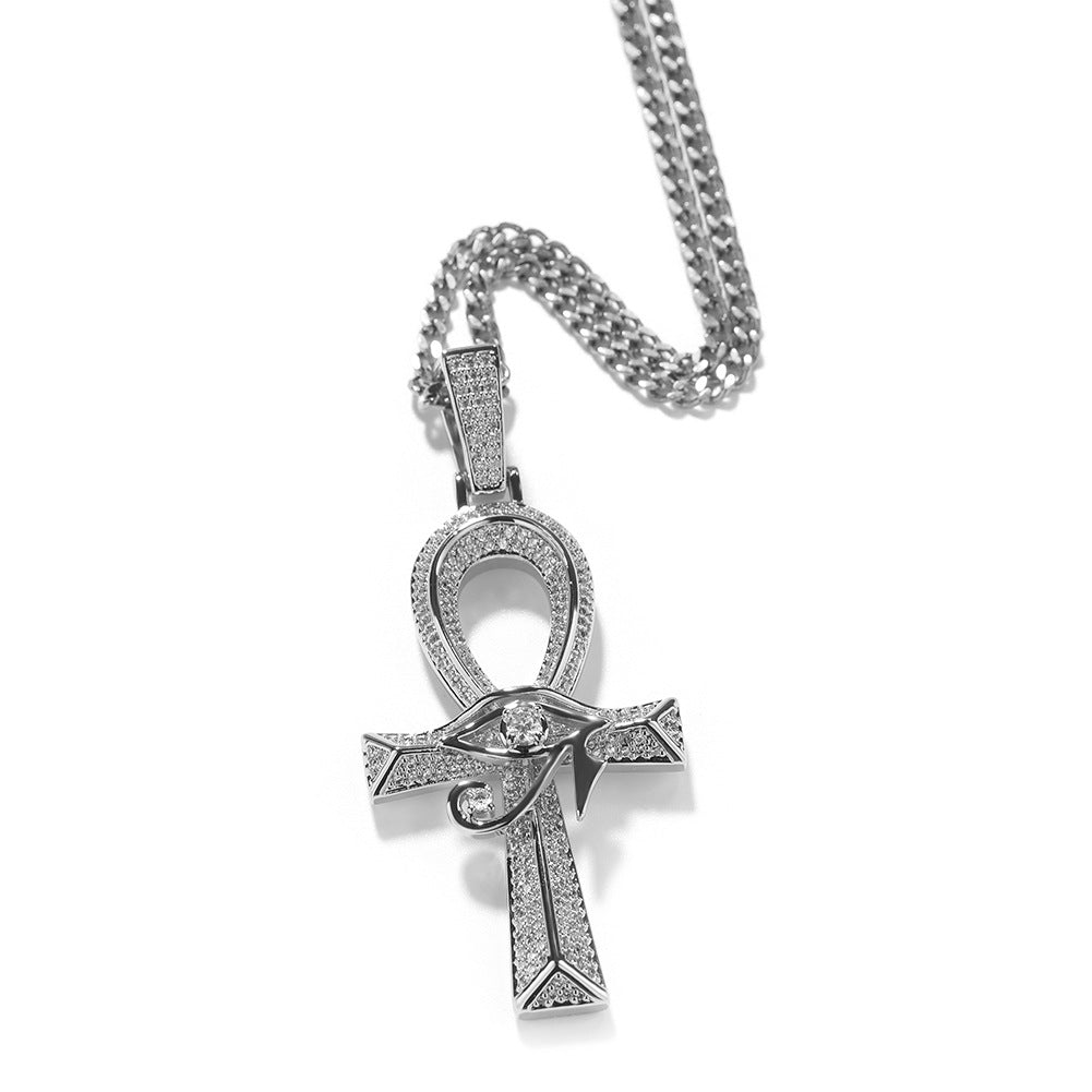 White Gold Cross Pendant - Iced Eye of Horus Ankh