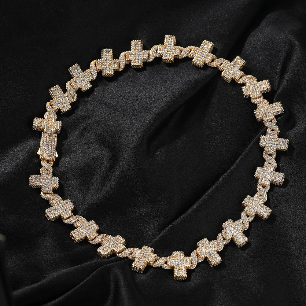 17MM gold cross link chain displayed in a circular loop with its box clasp visible
