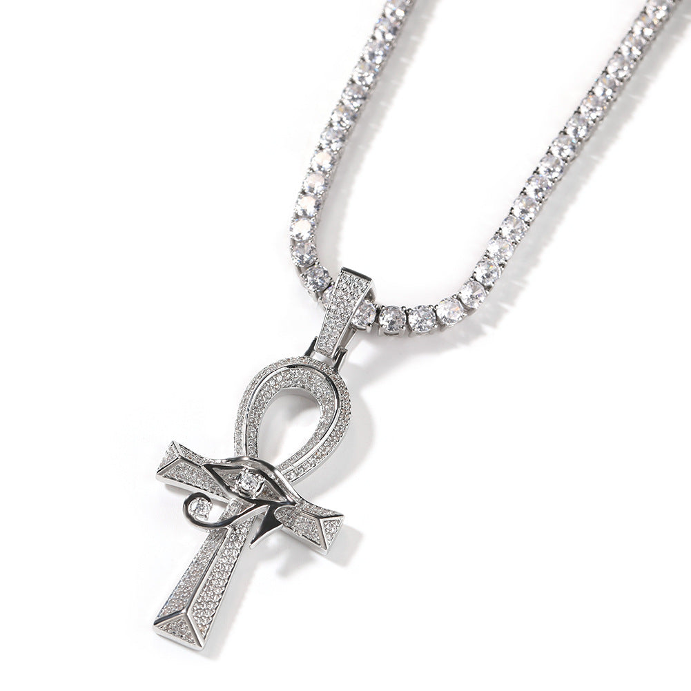 White Gold Cross Pendant - Iced Eye of Horus Ankh