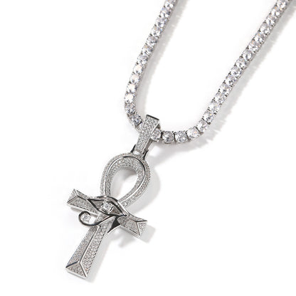 White Gold Cross Pendant - Iced Eye of Horus Ankh
