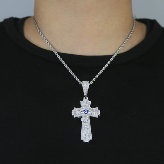 White Gold Cross Pendant - Iced Out Evil Eye Cross