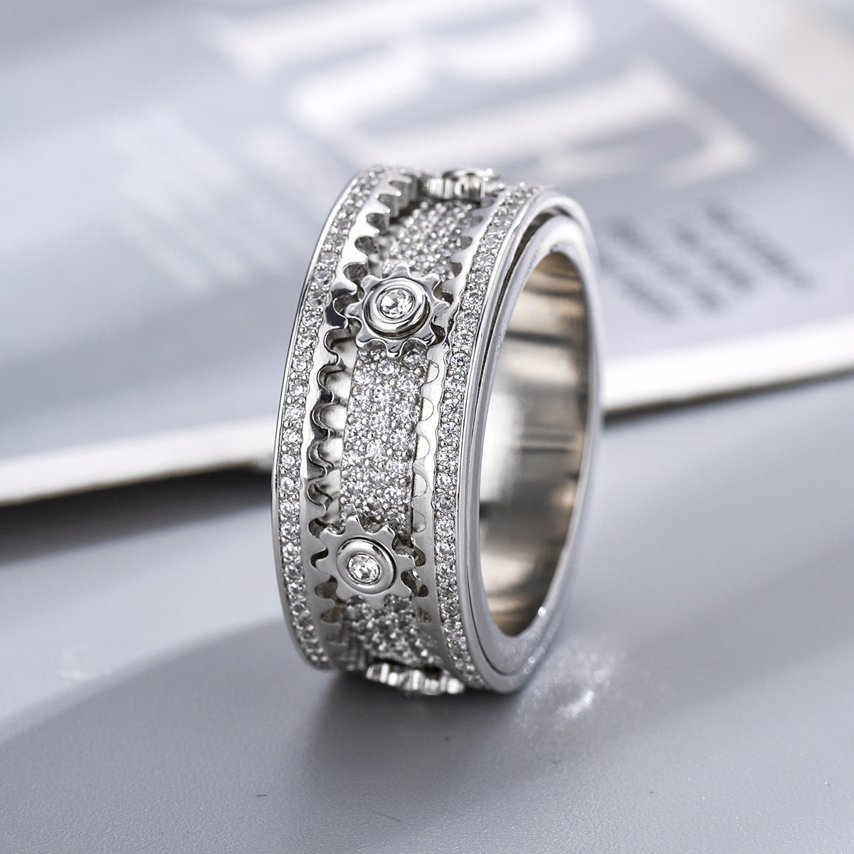 White Gold Spinner Ring - Iced Rotating Gear Center