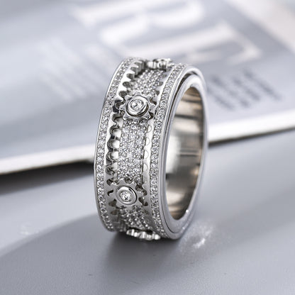 White Gold Spinner Ring - Iced Rotating Gear Center