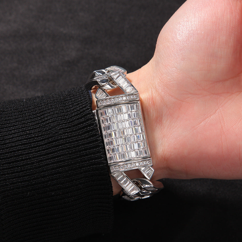 20MM White Gold Cuban Link Bracelet - Zigzag Baguette Links