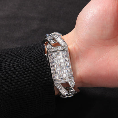 20MM White Gold Cuban Link Bracelet - Zigzag Baguette Links