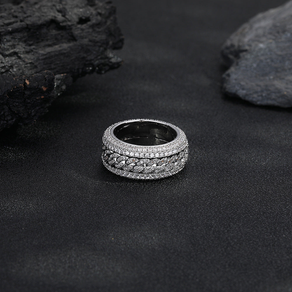 White Gold Cuban Link Ring - Rotating Center Links