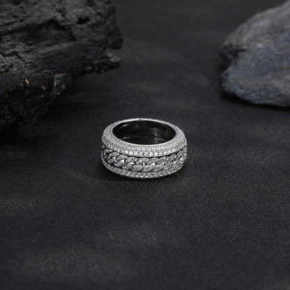 White Gold Cuban Link Ring - Rotating Center Links