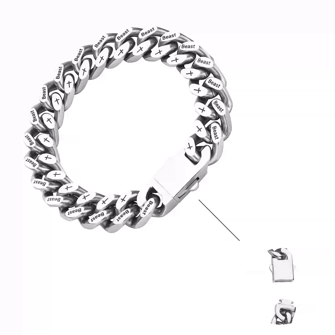 12MM White Gold Cuban Link Bracelet - Beast & Cross Engraved Links