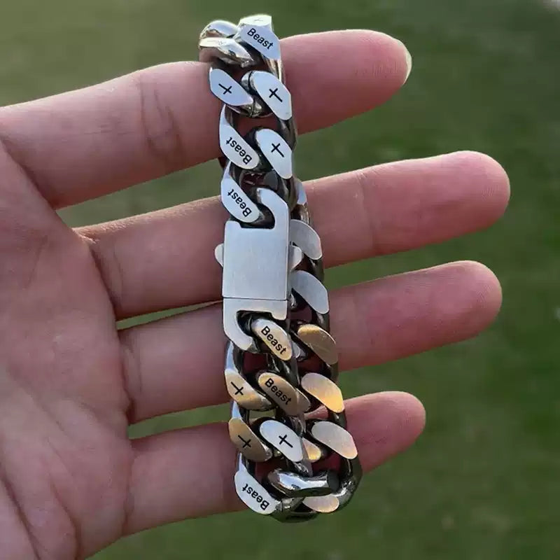 12MM White Gold Cuban Link Bracelet - Beast & Cross Engraved Links