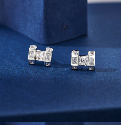 White Gold Stud Earrings - Square Stone Barbell & S925 Silver Posts