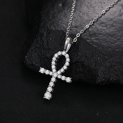 White Gold Moissanite Pendant - S925 Iced Ankh Cross