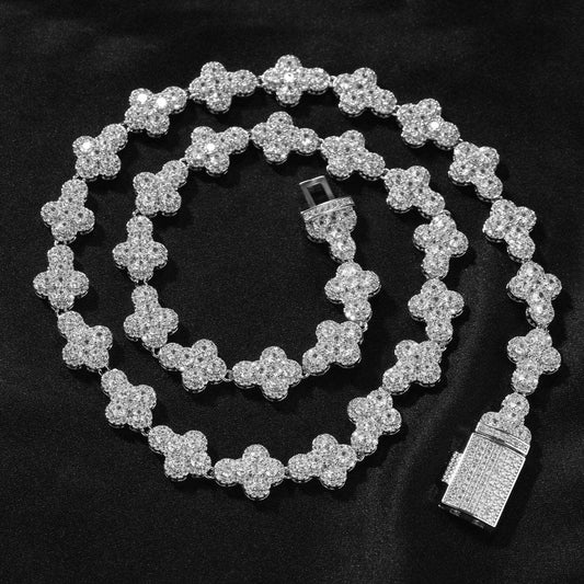 10MM White Gold Cross Link Chain - Iced Out Cluster Crosses