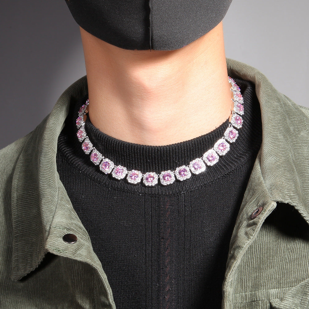 12MM pink tennis chain worn around the neck against a neutral background