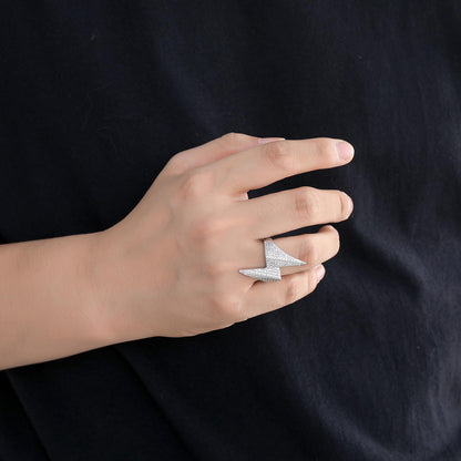 White Gold Lightning Bolt Ring - Double-Layer Iced Bolt