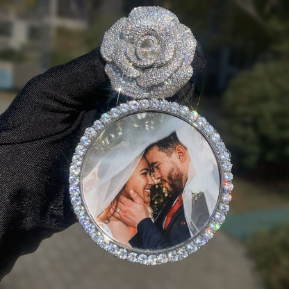 White Gold Custom Photo Pendant - Iced Out Rose Medallion