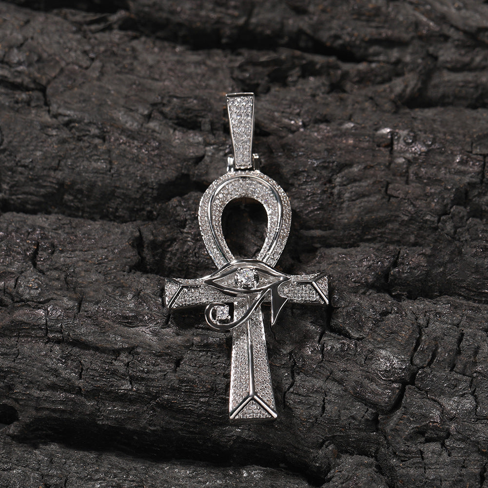 White Gold Cross Pendant - Iced Eye of Horus Ankh