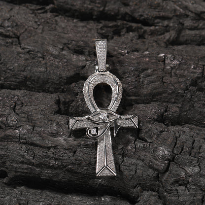 White Gold Cross Pendant - Iced Eye of Horus Ankh
