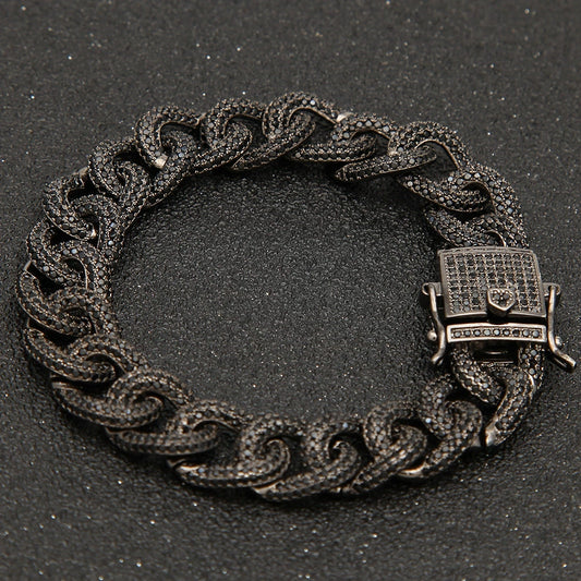 12MM Black Gold Cuban Link Bracelet - Half-Pavé Wave Links
