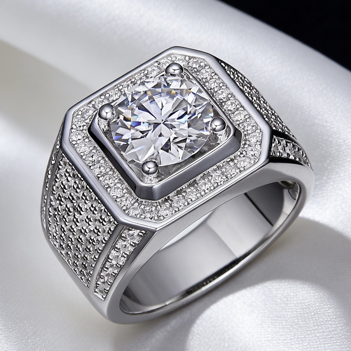 White Gold Signet Ring - Octagon Halo Iced Panels
