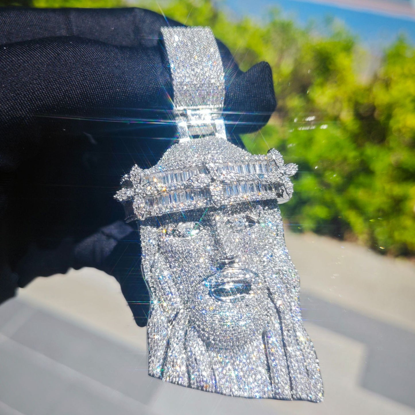 White Gold Jesus Pendant - Iced Crown Face Pendant