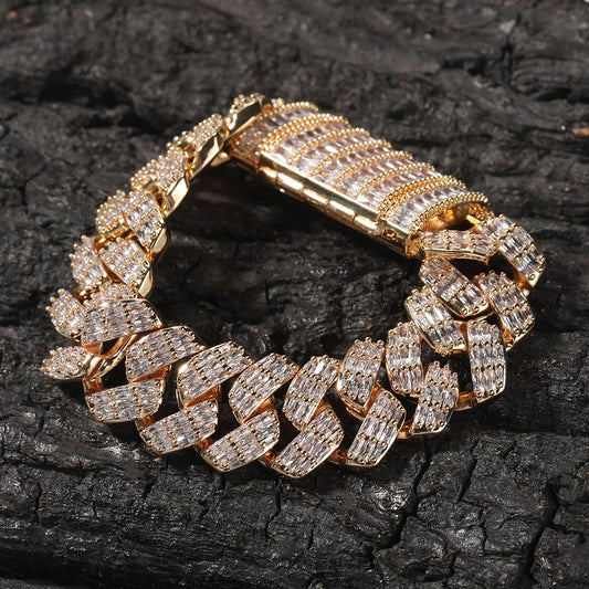 19MM Gold Cuban Link Bracelet - 3-Row Baguette Grid