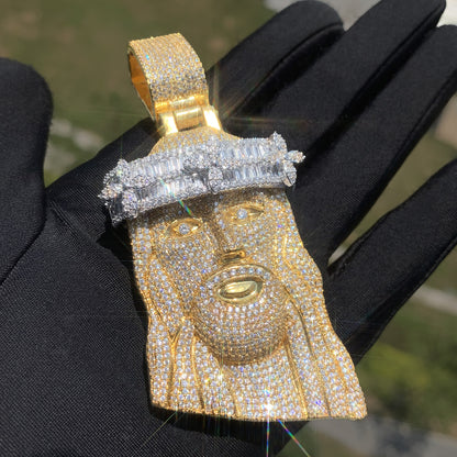 Gold Jesus Pendant - Iced Crown Face Pendant