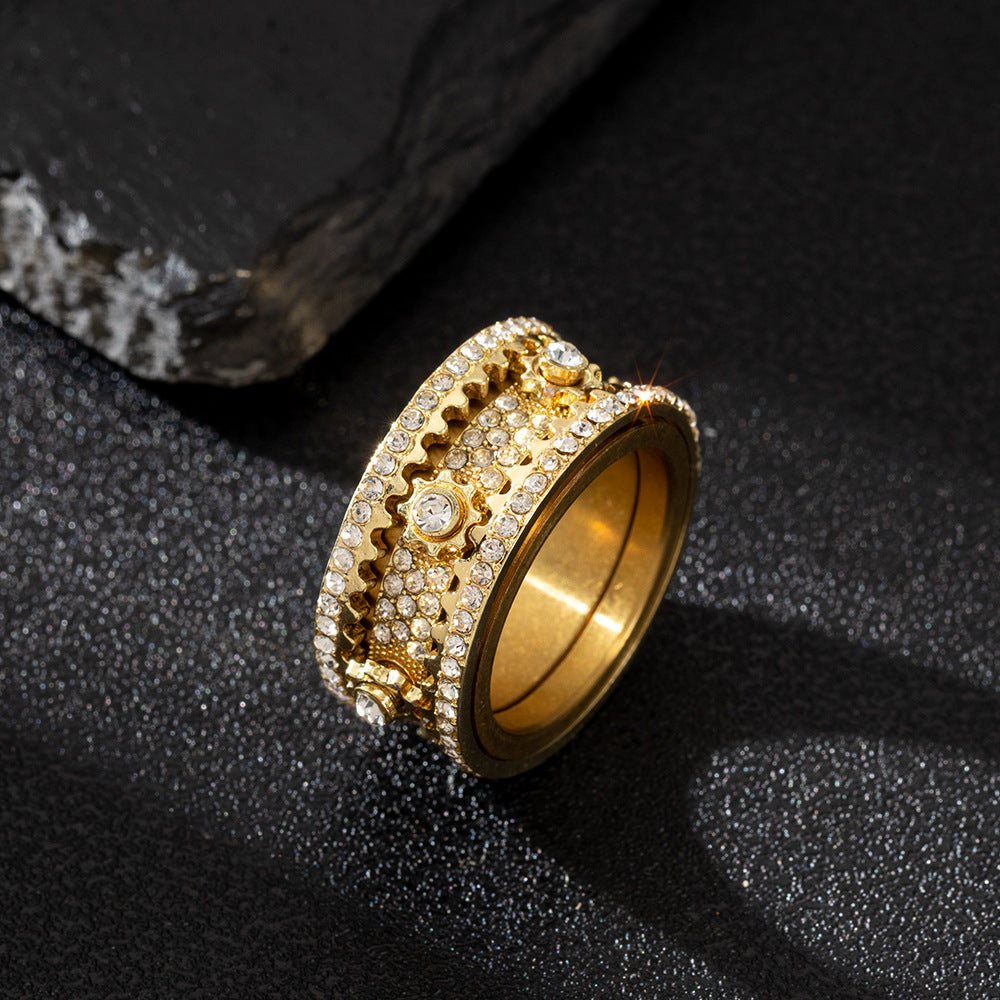 Gold Spinner Ring - Iced Rotating Gear Center
