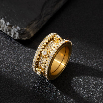 Gold Spinner Ring - Iced Rotating Gear Center
