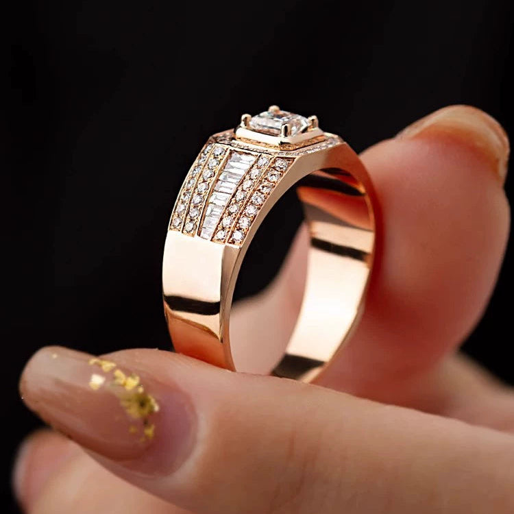 Gold Signet Ring - Round Stone Double-Row Sides