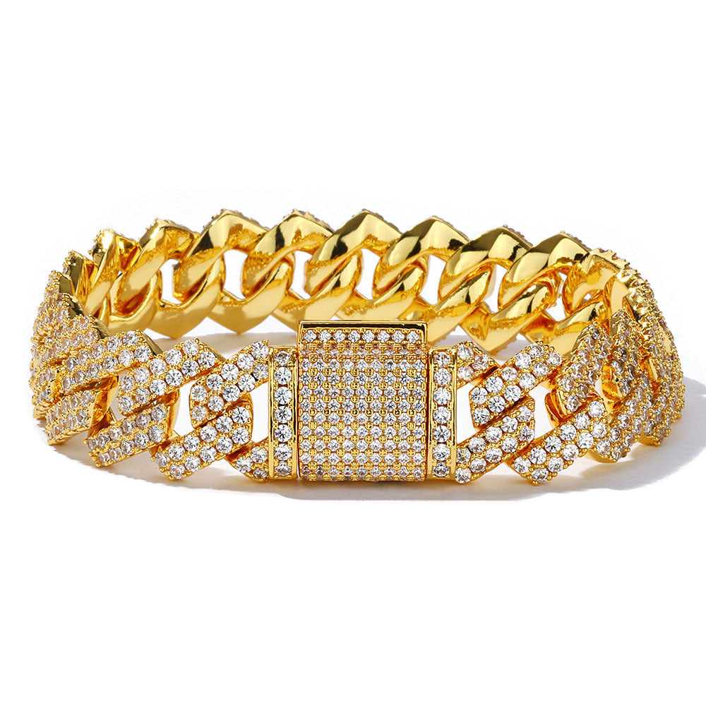 14MM Gold Cuban Link Bracelet - Gold Slash Pavé Links
