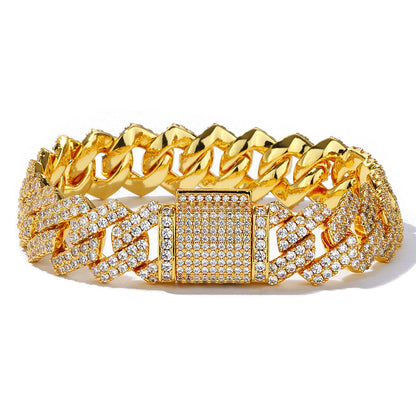 14MM Gold Cuban Link Bracelet - Gold Slash Pavé Links